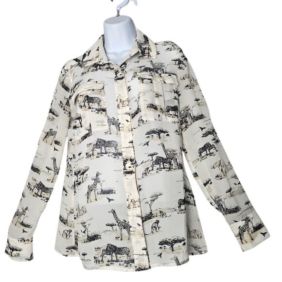 Banana Republic Safari Animal Print Blouse Small Elephants Zebras Giraffes Work - Picture 1 of 7